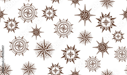 Compass Wind rose, compass pattern on white, hand drawn Illustration.	
