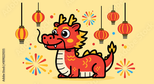Cute Cartoon Dragon with Lanterns and Fireworks
