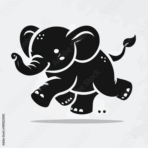 A playful black and white elephant running with a joyful expression and small footprints.
