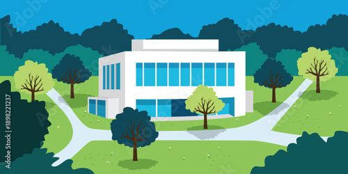 Modern Office Building in Green Park Landscape Illustration. Modern Corporate Building with Park Environment. Modern Building Exterior in Park Landscape. Business Building. Hospital. Government buildi