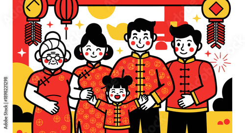 Family Celebrating Lunar New Year in Traditional Clothing