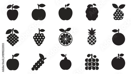 Assorted black and white illustrations of fruits and berries with varying shapes and designs