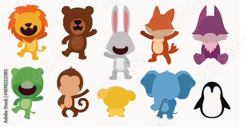 Cartoon animal mascot and sticker vector set on white background