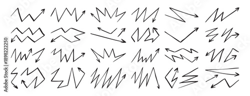 Emphasis zigzag arrow doodle hand drawn zig zag arrow set icon. Outline drawing zigzag line clipart symbol.