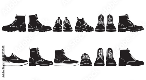 Collection of various black boot and shoe silhouettes on white background, showcasing different styles and designs.