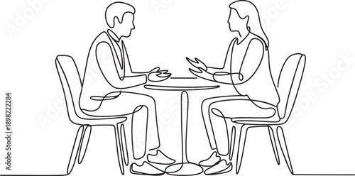 Continuous line drawing of man and woman having conversation sitting at table vector