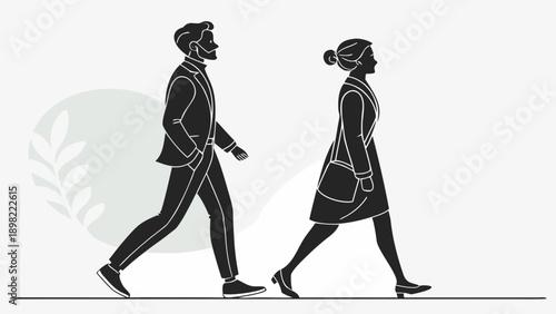 Black and white illustration of a man and woman walking side by side in business attire on a simple background