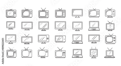 Collection of various vintage and modern television and computer icons in a simple line art style on a white background.