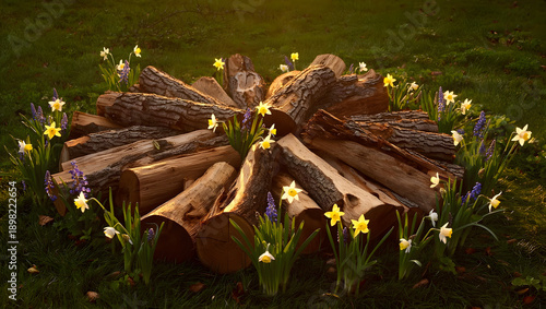 Firewood is laid out in a meadow with flowers. Celebrating Beltane