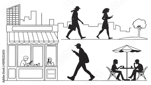 Black and white illustration of people walking and sitting in a city setting with buildings and a tree