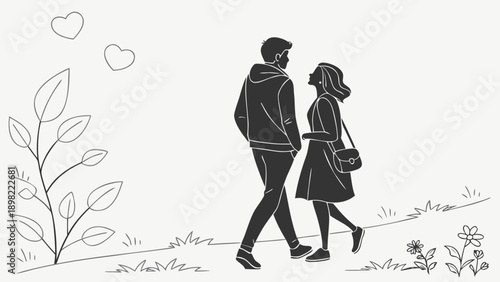 Black and white illustration of a romantic couple walking together in a park with hearts and plants around them
