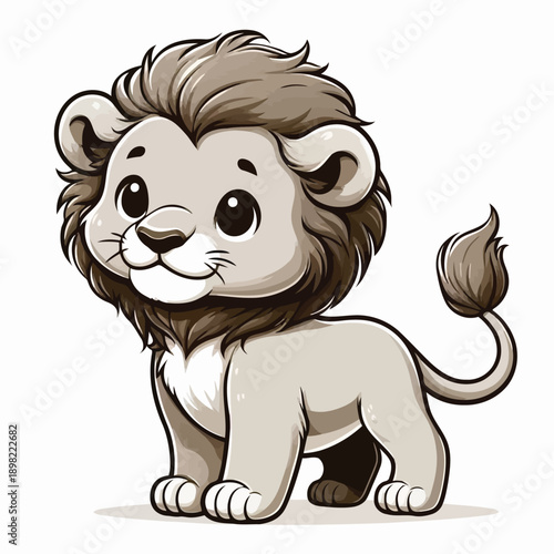 A cute cartoon lion cub sitting and looking forward with a playful expression