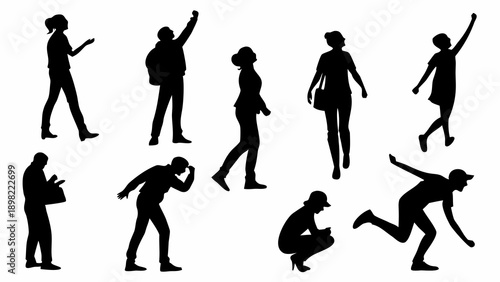 Collection of black silhouettes of people in various poses and movements