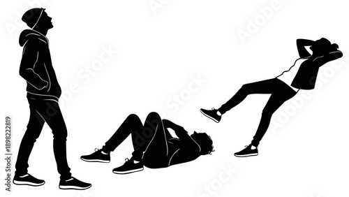 Black silhouette of people exercising with one lying down and another standing by