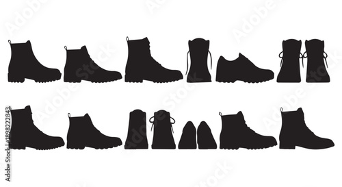 Collection of various black boot silhouettes on white background, showcasing different styles and designs.
