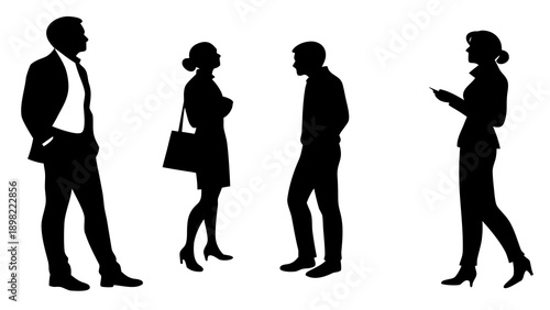Silhouettes of four business people standing in a line