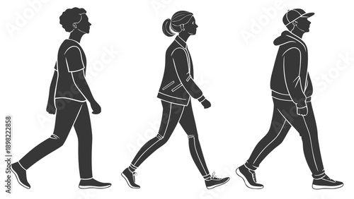 Black silhouettes of people walking in a row