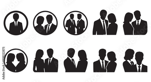 Collection of black silhouette icons depicting business people and colleagues in various interactions and poses