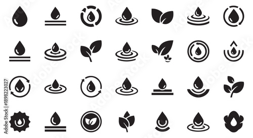 Collection of eco friendly water and leaf icons for conservation and sustainability concepts