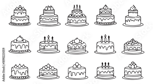 Collection of various decorated cakes with icing and toppings for birthdays and celebrations