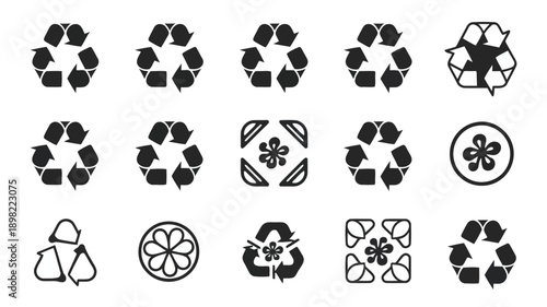 Collection of diverse recycling and sustainability symbols in monochrome design