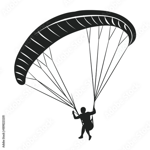 Parachutist descending with an open canopy over a scenic landscape