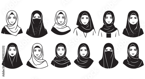 Collection of diverse Muslim women wearing various hijab styles and niqab, black and white illustrations