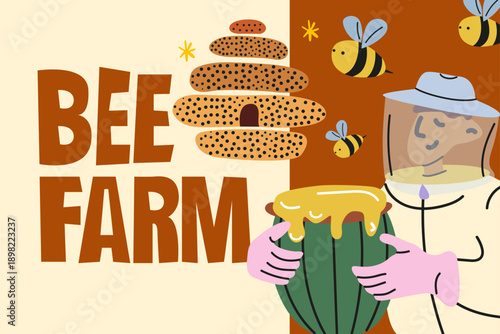 Modern cartoon honey banner. Bright organic bee farm compositions, bees, beekeeper, barrel of honey, apiary. Honey apiary background for wall decor, prints, wallpaper, advertising