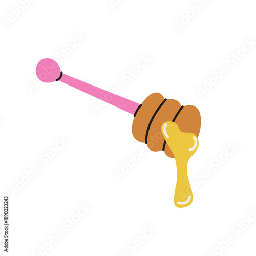 Honey Dipper. Wooden spoon for honey in cartoon doodle style. Beekeeping, honey and apiary concept. Organic natural sweet food element for sticker, print, label, product branding