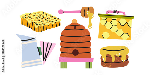 Honey apiary, beehives, honeycombs, pancakes. Organic natural sweet product. Beekeeping and honey stickers in cartoon retro style. Vector illustration isolated