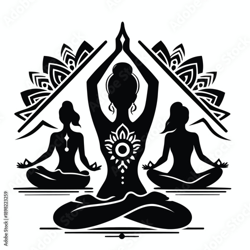 Ancient meditative posture depicted with symbolic mandala and stylized figures