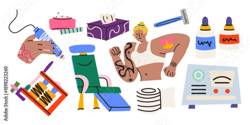 Tattoo salon stickers in doodle cartoon style. Professional tattoo studio tools and equipment. Tattoo machine, body ink, needles, razor, sterilizer, chair, tattoo artist. Vector illustration