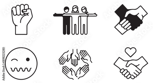 Black line icons of hands and people for teamwork, support, and emotions on white background.