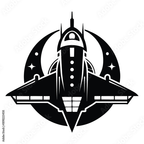 Vintage-style spaceship emblem featuring a futuristic design with a central cockpit and wings