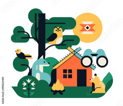 Birdwatching, beauty of nature - flat design style illustration
