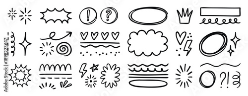 Playful doodle set monochrome line art with splashes exclamations random, hand drawn