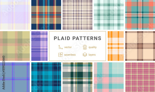 Plaid bundle for scrapbooking marketing kits. Multiple tartan styles support planner pages, digital sets, and printable DIY projects. Vector files remain editable.