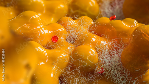 Fat cells,  adipocyte and lipocyte, cholesterol in a cells, blocked vessel in high level of LDL (bad cholesterol) lipoprotein,  risks of heart disease, stroke, and vascular damage