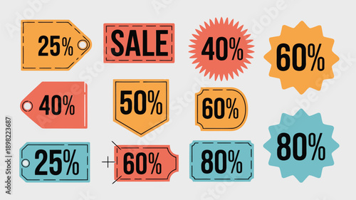 Colorful sale discount tags with percentage and price reduction indicators
