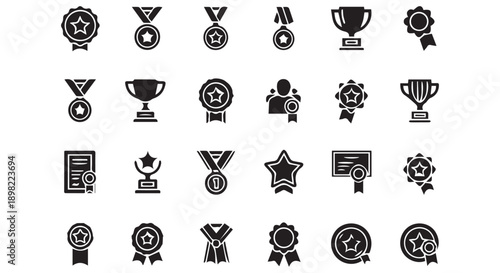 Collection of black and white icons depicting awards, medals, trophies, certificates, and stars for recognition and achievement.