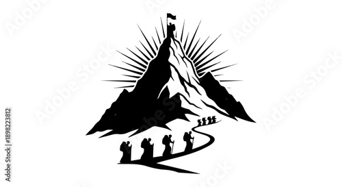 Group of hikers climbing a mountain peak silhouette, leadership and teamwork concept