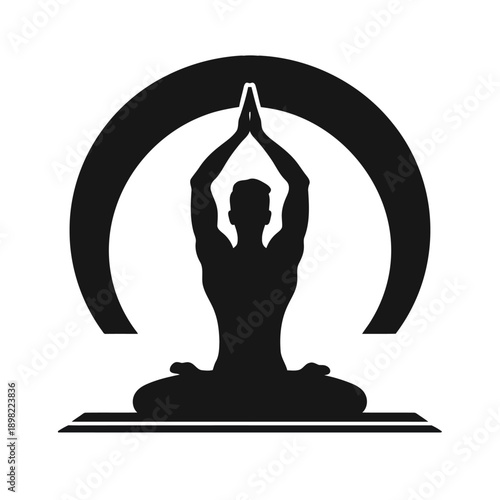 Black and white illustration of a person meditating with a circular arch above them