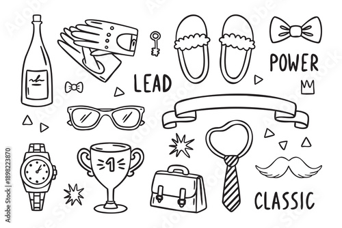 Elegant icon set with wine gloves glasses trophy watch briefcase tie tags classic crown ribbon bow tie line art monochrome hand drawn