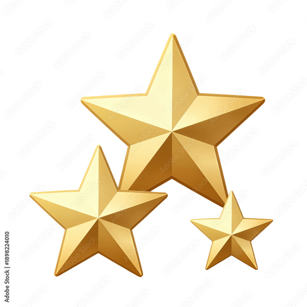 Obraz premium Three golden 3D stars in varying sizes