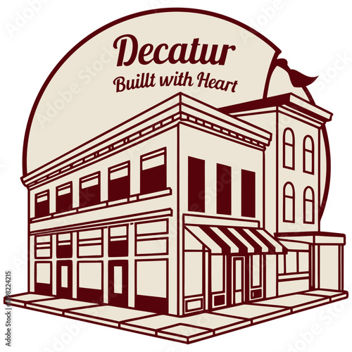 Decatur city corner store building illustration with vintage typography vector design