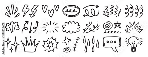 Set of random doodle sketch elements, decorative hand drawn icons for creative design