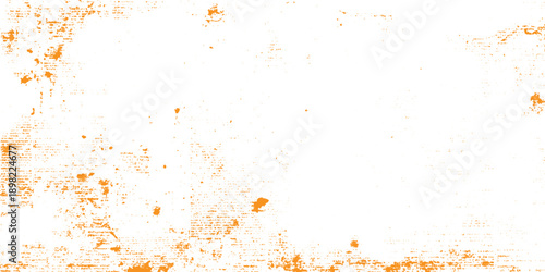 Distressed orange textured background with faint text fragments and scattered dots white