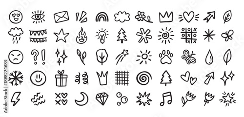 Cute mini doodle icons for primary school, smiles and symbols, line art outline contour, monochrome, hand drawn