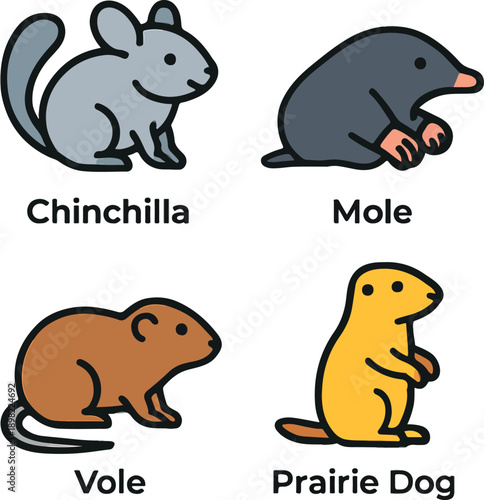  Minimalist Burrowing Animal Vector Icon Set Flat Line Art Chinchilla and Mole Pictograms.