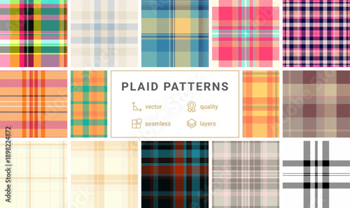 Fall inspired plaid pattern set designed for seasonal campaigns. This pack supports packaging, posters, and promotional materials. Seamless vectors maintain consistency.